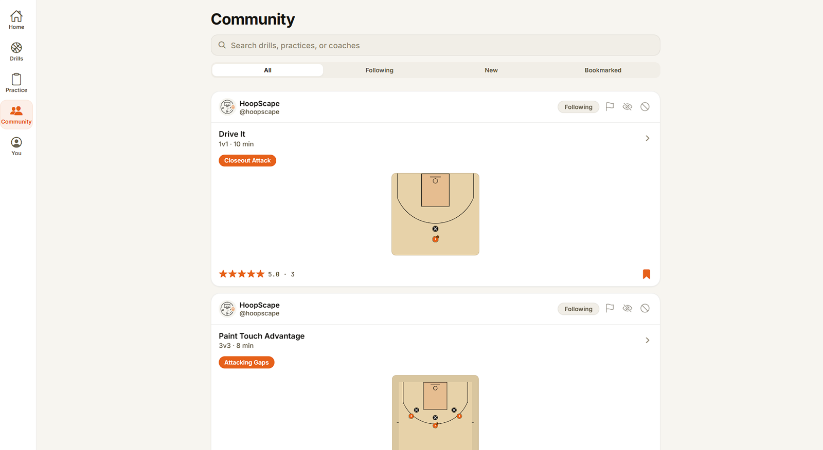 The community feed with a search box and All, Following, New and Bookmarked tabs, showing posted drills with their matchup and length, a court thumbnail, a star rating and a bookmark control.
