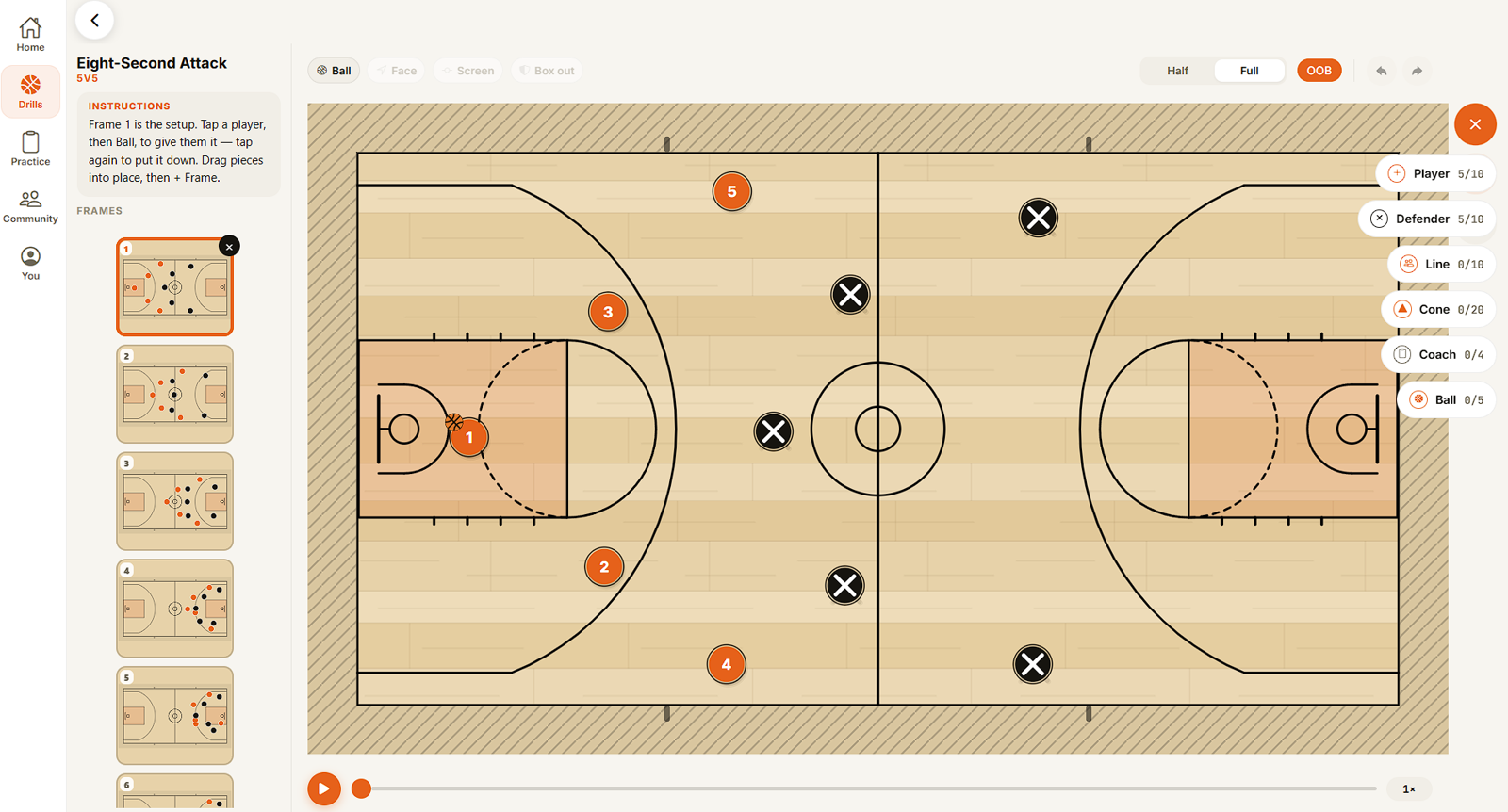 The object palette open over a full court: Player five of ten, Defender five of ten, Line, Cone, Coach and Ball, each showing how many are already placed out of the maximum.